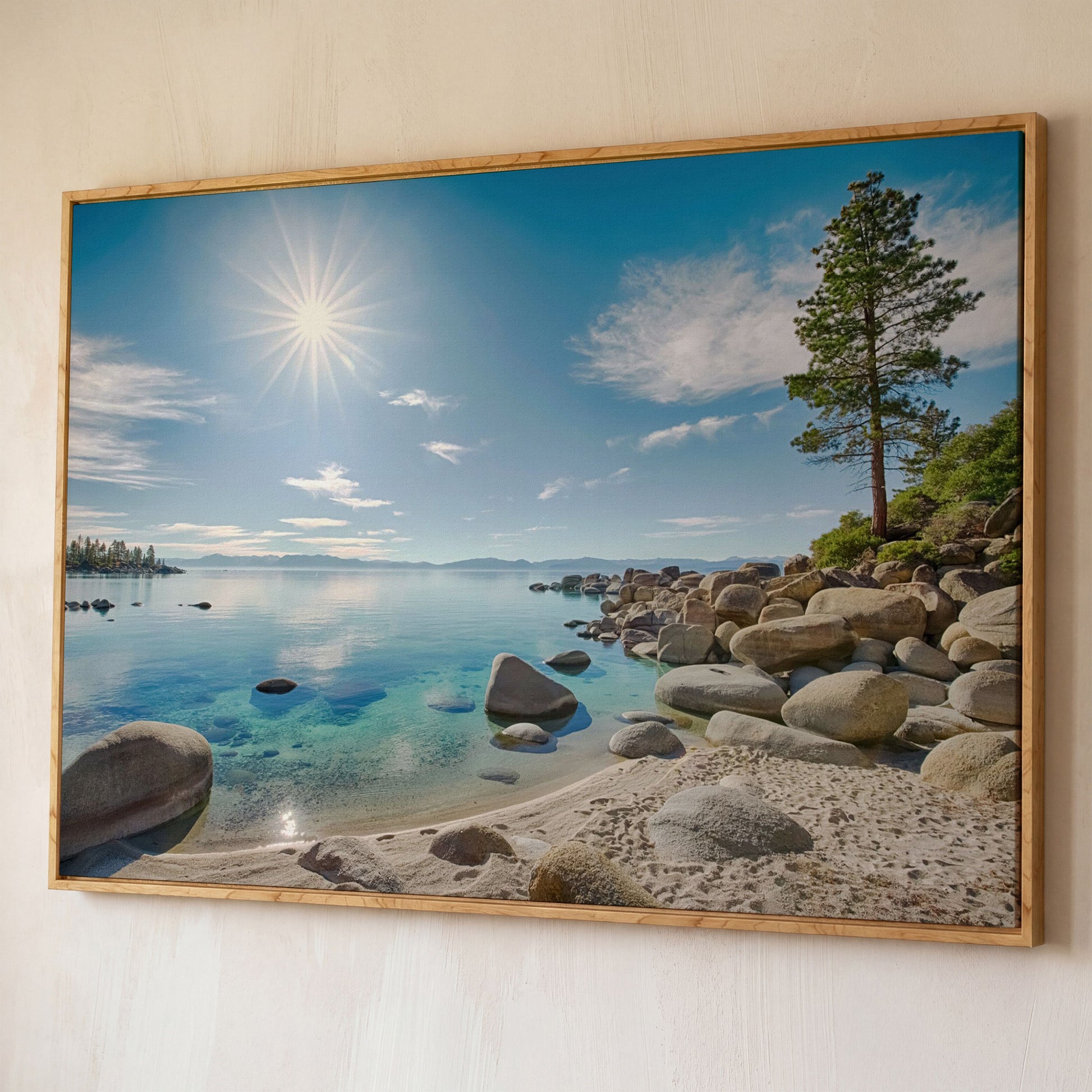 Lake Tahoe East Shore Beach Canvas Print shown in white oak floating frame