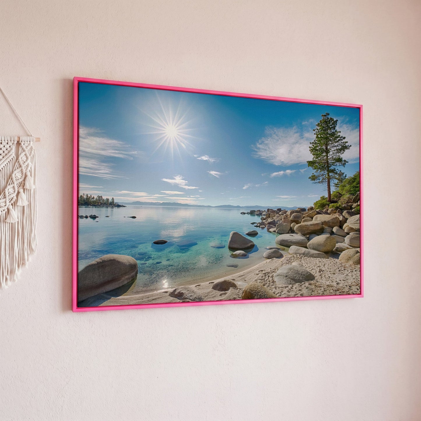 Lake Tahoe East Shore Beach Canvas Print in pink floating frame