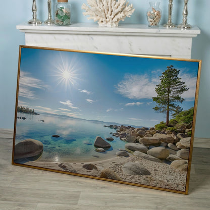 Lake Tahoe East Shore Beach Canvas Print in rose gold floating frame