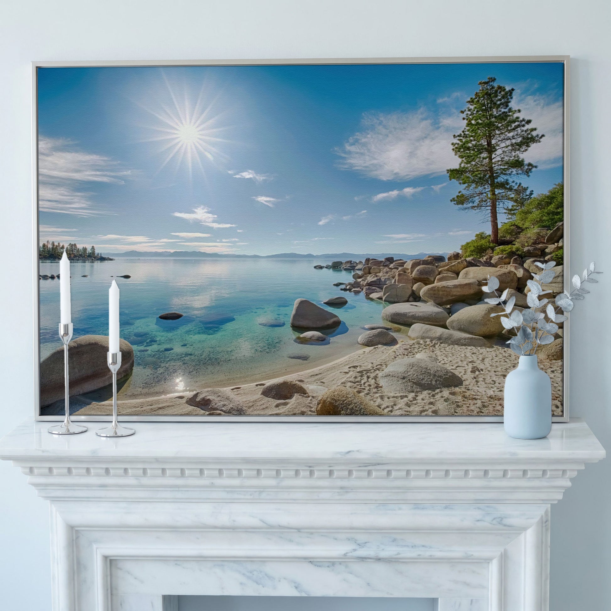 Lake Tahoe East Shore Beach Canvas Print in silver floating frame
