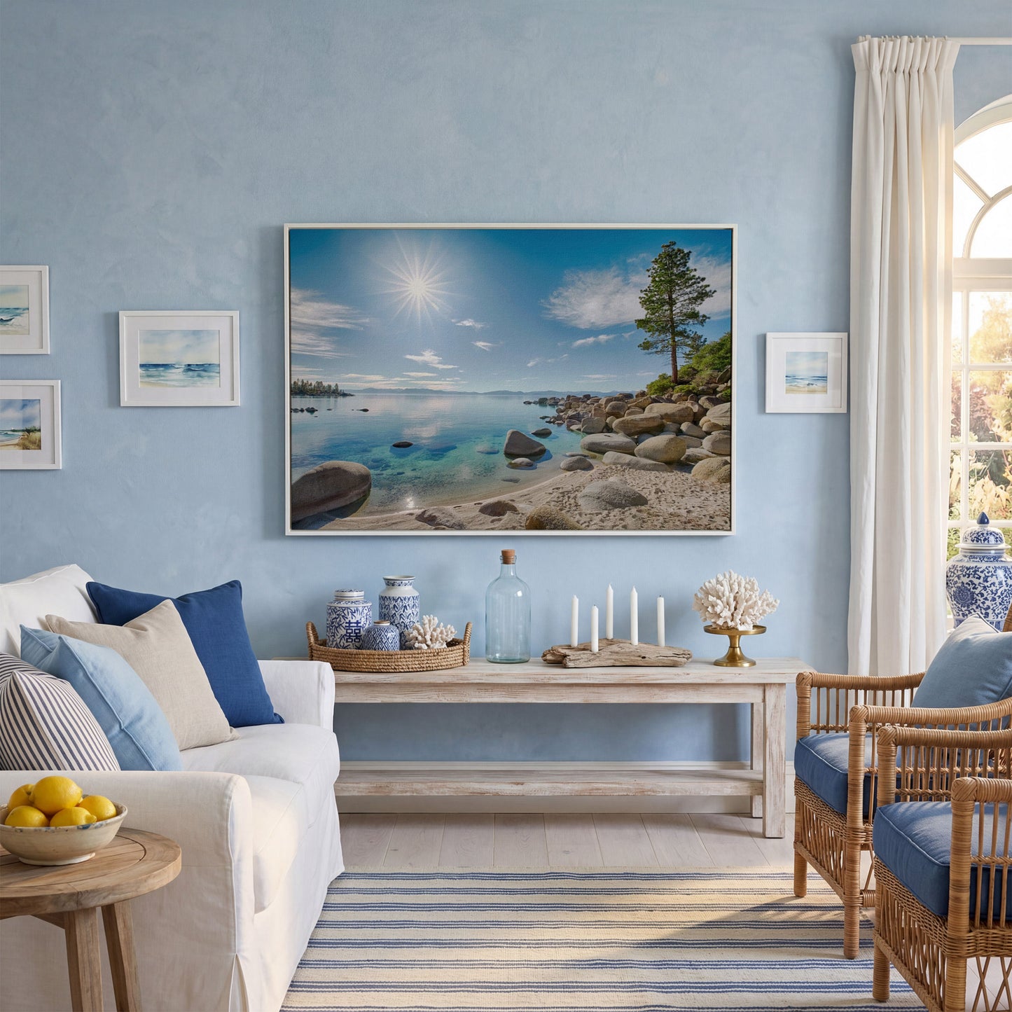 Lake Tahoe East Shore Beach Canvas Print in white floating frame