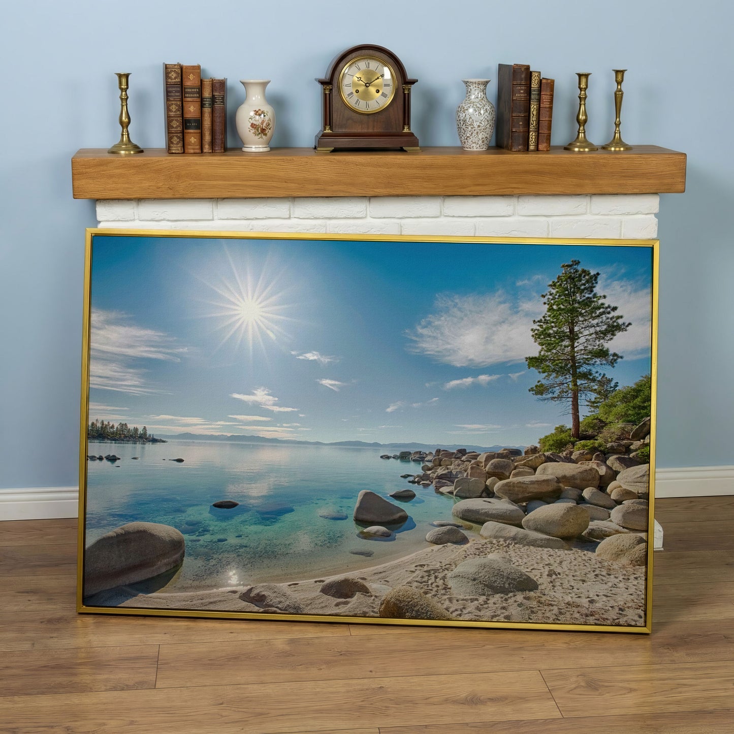 Lake Tahoe East Shore Beach Canvas Print in yellow gold floating frame