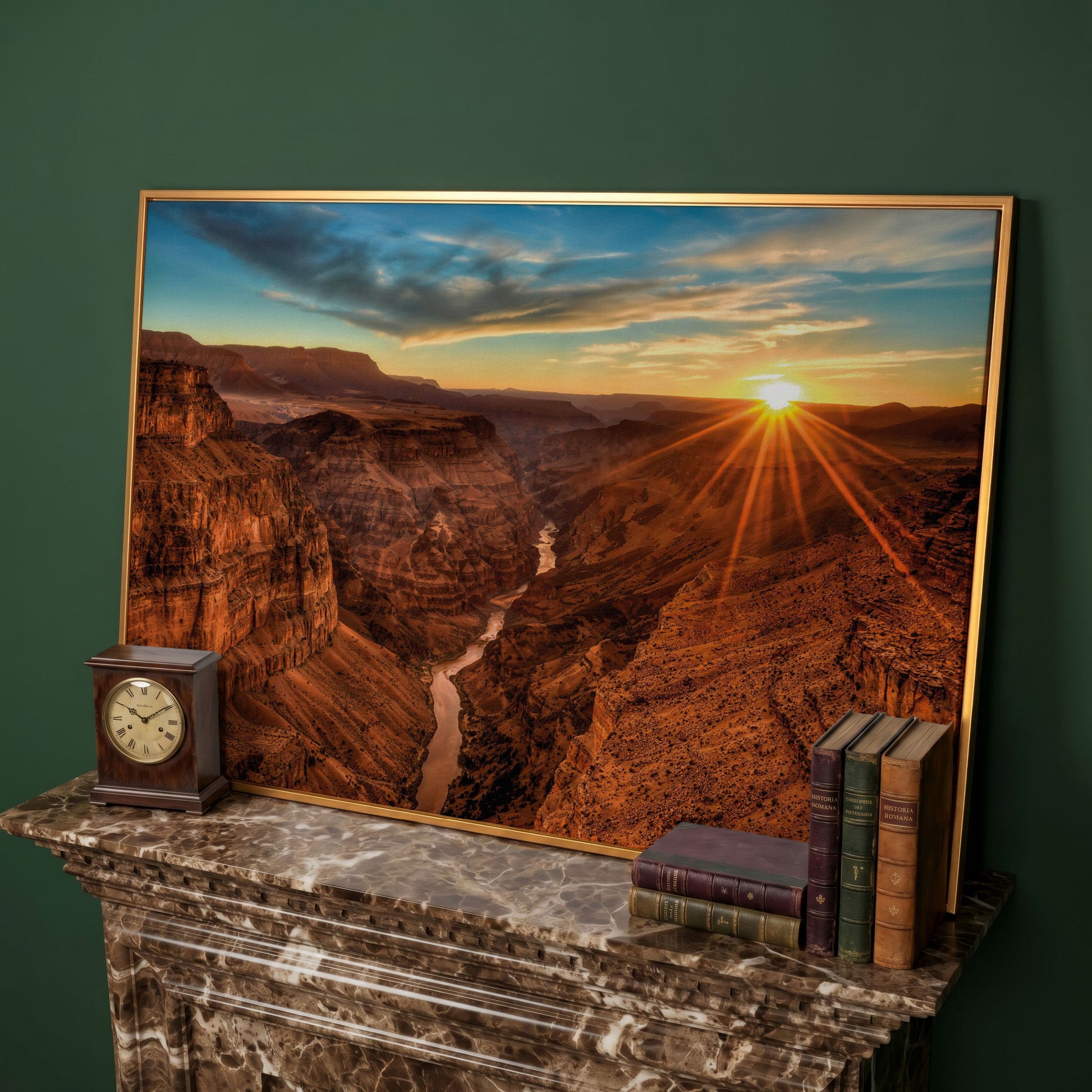 Grand Canyon Sunset Canvas Print with Colorado River View in antique gold floating frame