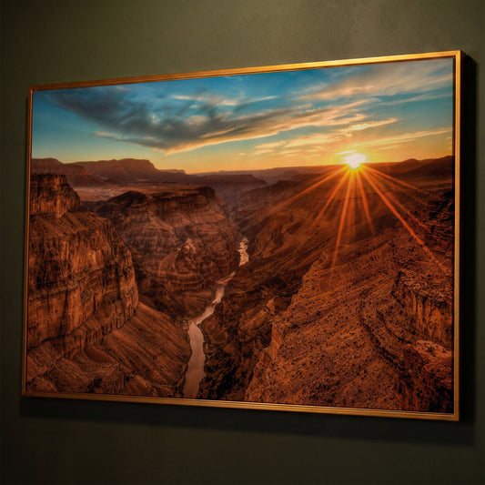 Grand Canyon Sunset Canvas Print with Colorado River View shown in antique gold floating frame