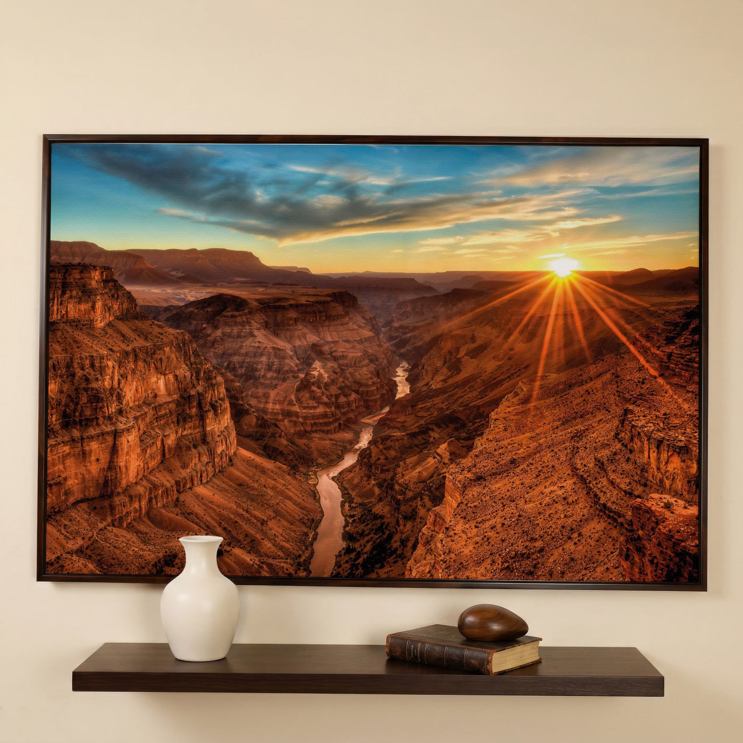Grand Canyon Sunset Canvas Print with Colorado River View in dark walnut floating frame