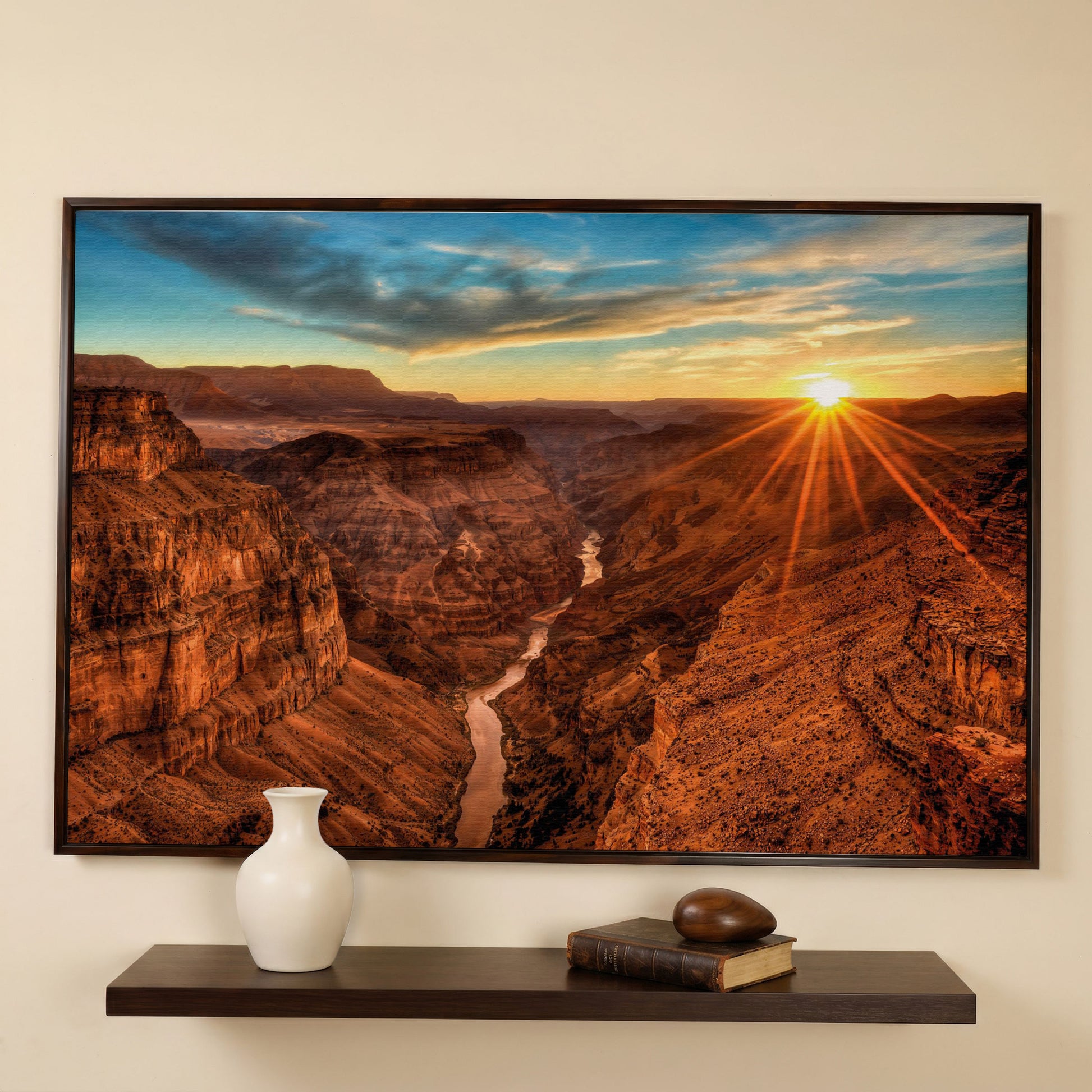 Grand Canyon Sunset Canvas Print with Colorado River View in dark walnut floating frame