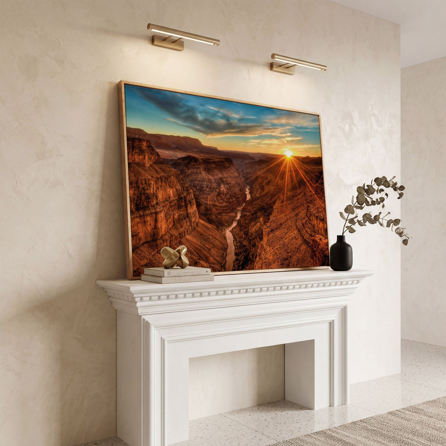 Grand Canyon Sunset Canvas Print with Colorado River View in white oak floating frame