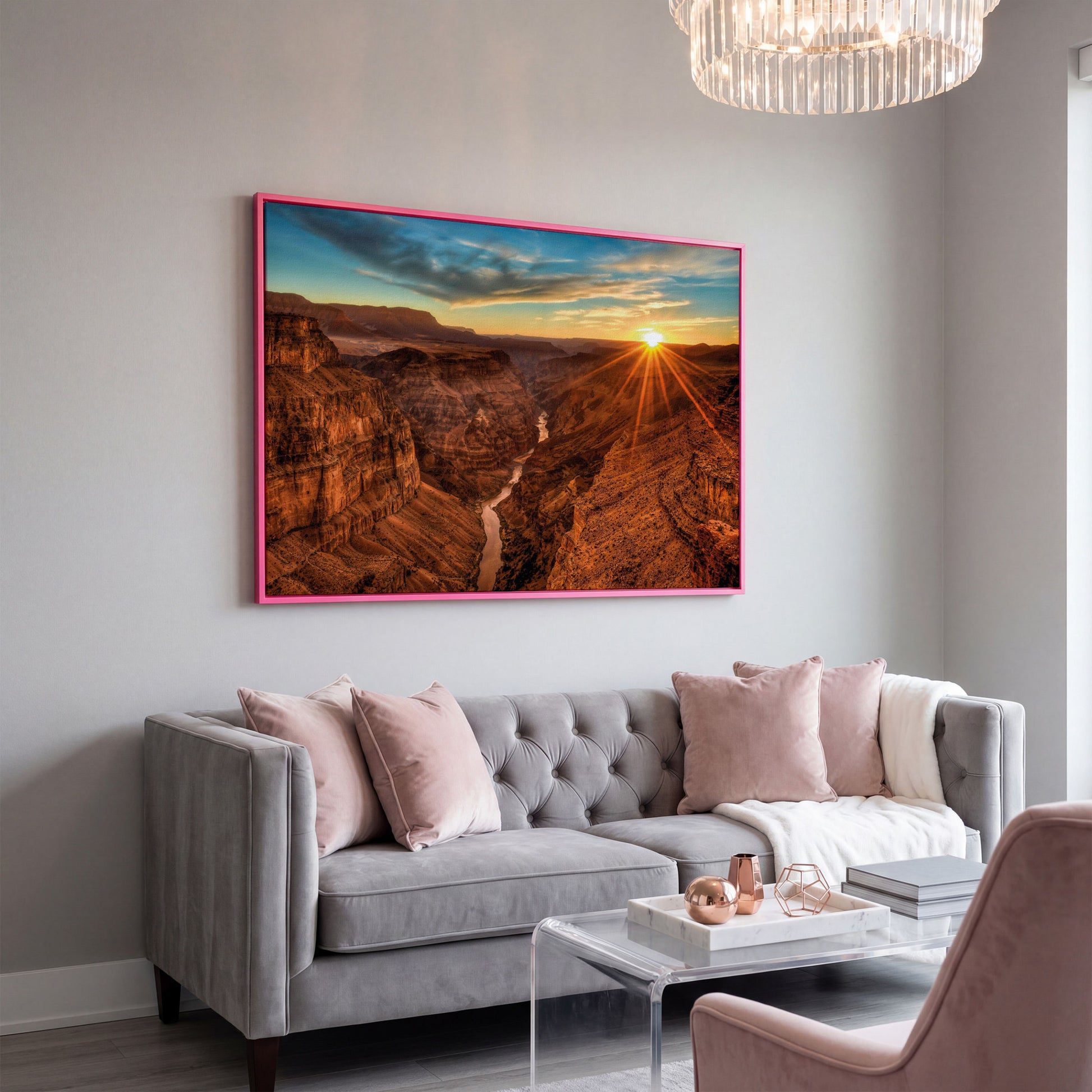 Grand Canyon Sunset Canvas Print with Colorado River View in pink floating frame