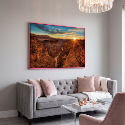 Grand Canyon Sunset Canvas Print with Colorado River View in pink floating frame