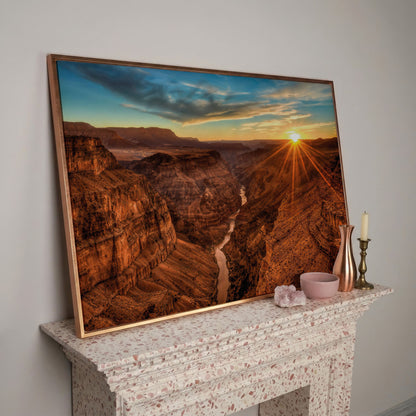 Grand Canyon Sunset Canvas Print with Colorado River View in rose gold floating frame