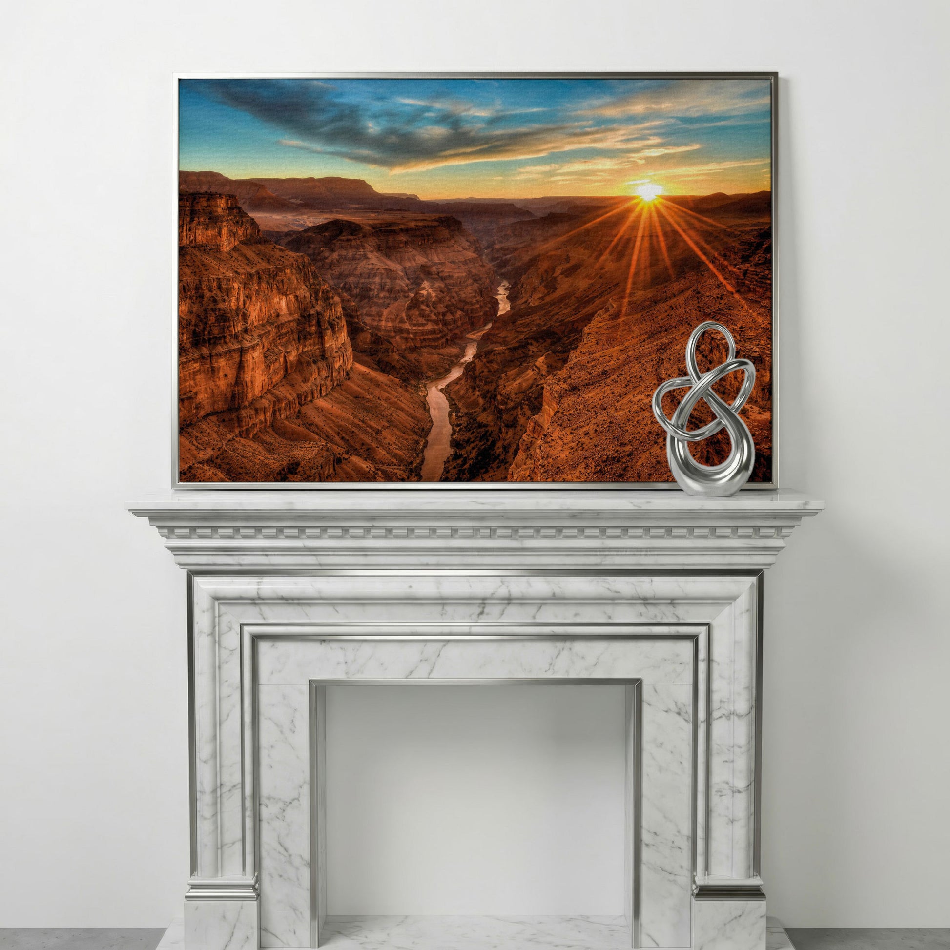 Grand Canyon Sunset Canvas Print with Colorado River View in silver floating frame