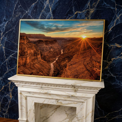 Grand Canyon Sunset Canvas Print with Colorado River View in yellow gold floating frame