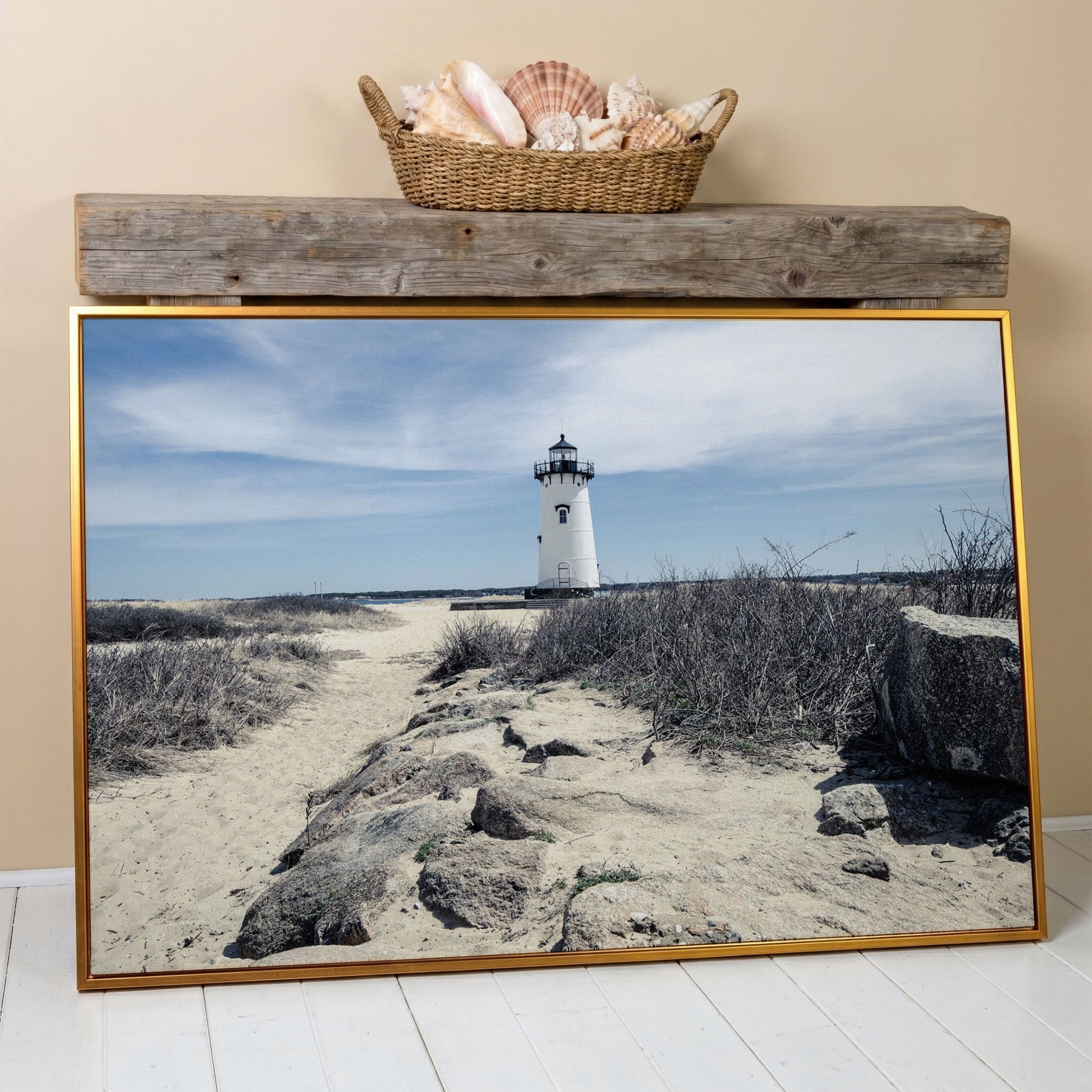 Edgartown Lighthouse Canvas Print, Martha's Vineyard in antique gold floating frame