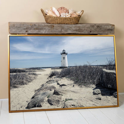 Edgartown Lighthouse Canvas Print, Martha's Vineyard in antique gold floating frame