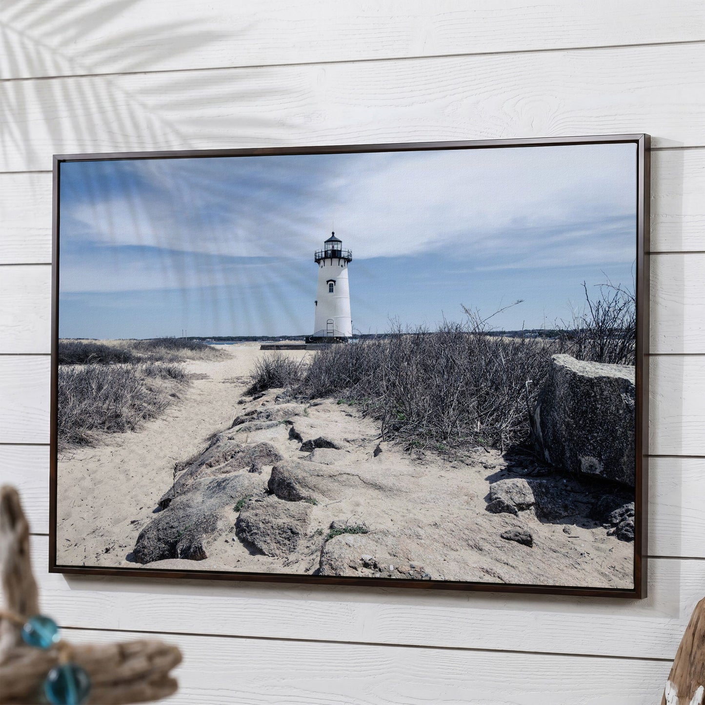 Edgartown Lighthouse Canvas Print, Martha's Vineyard in dark walnut floating frame