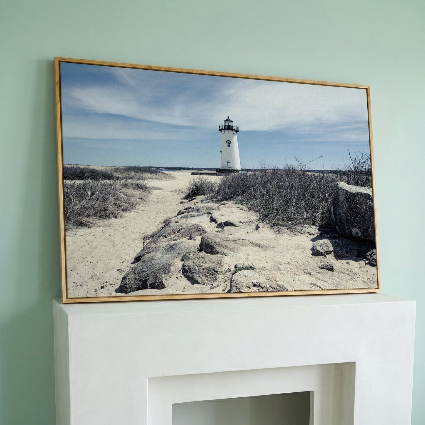 Edgartown Lighthouse Canvas Print, Martha's Vineyard in white oak floating frame
