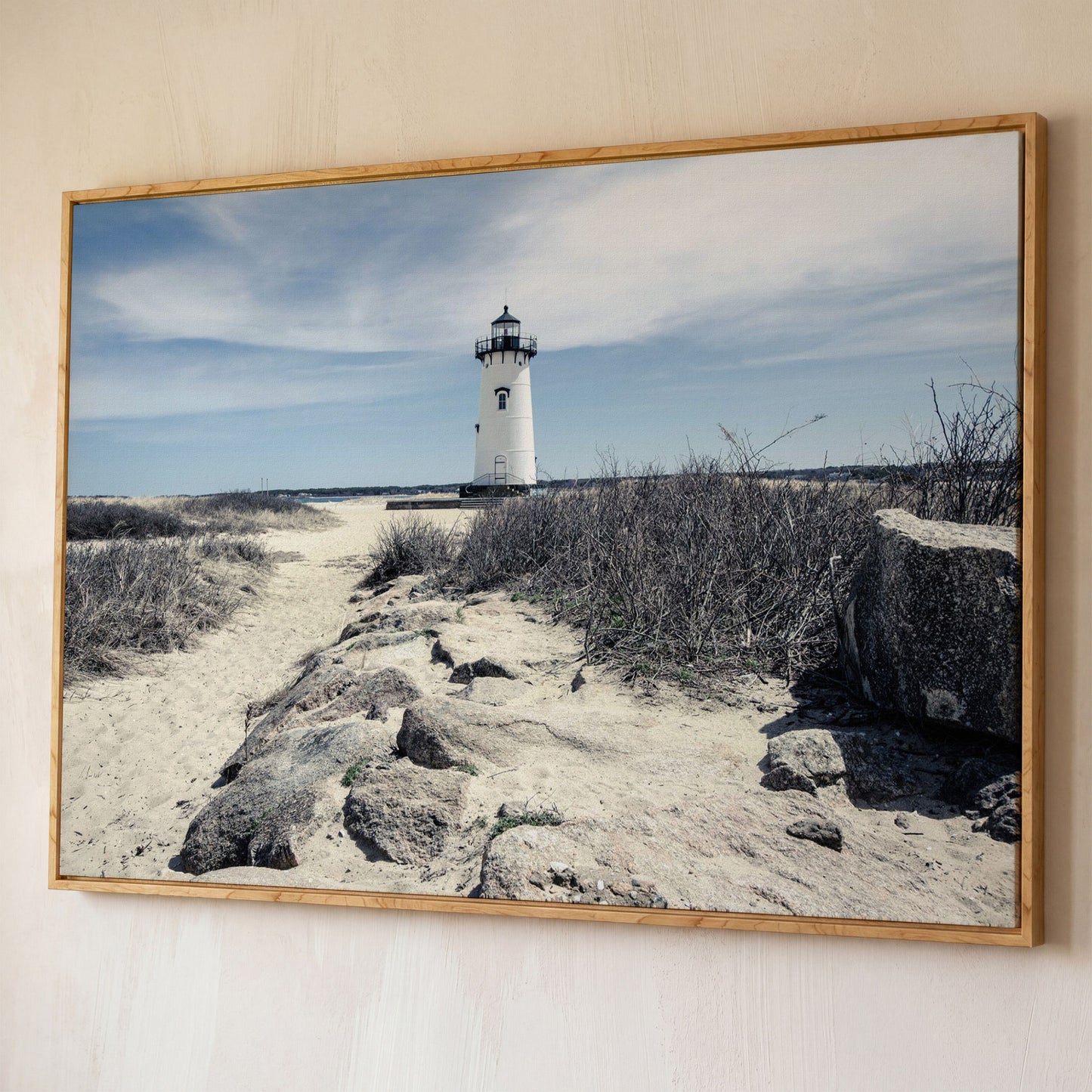 Edgartown Lighthouse Canvas Print, Martha's Vineyard shown in white oak floating frame
