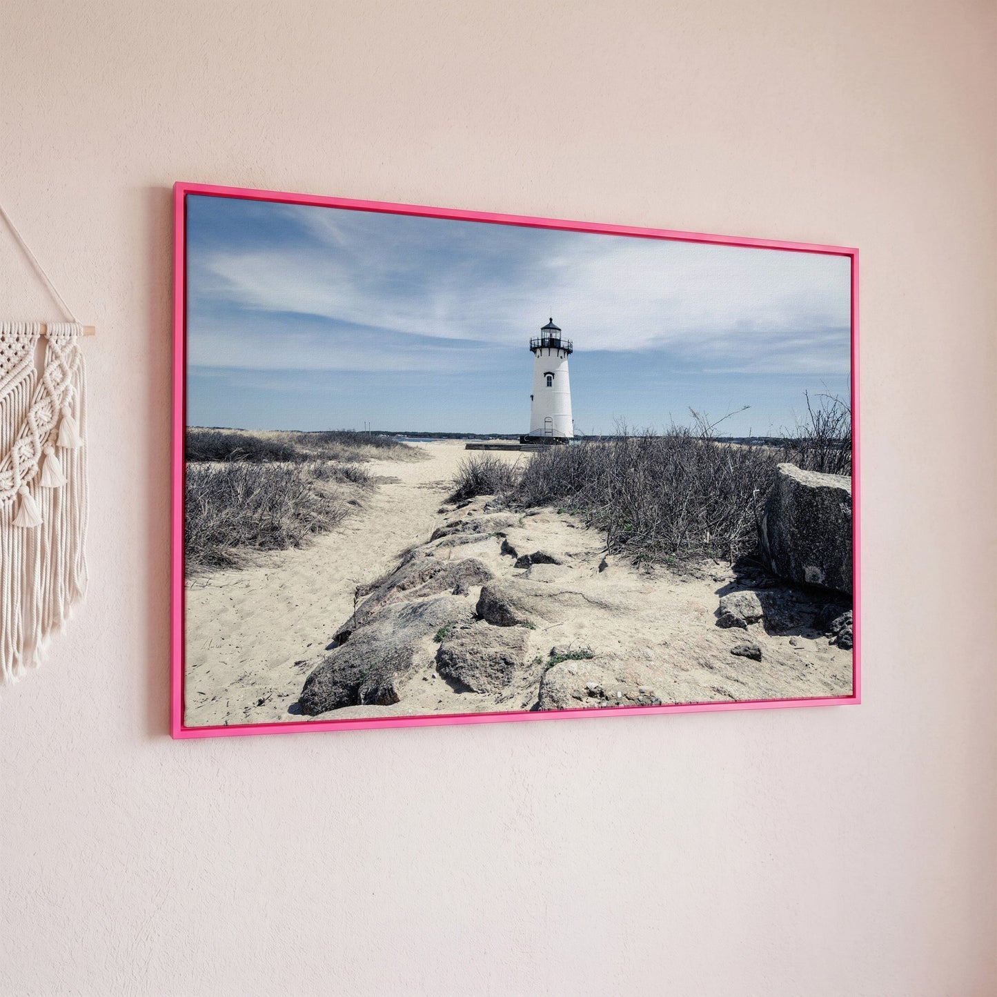 Edgartown Lighthouse Canvas Print, Martha's Vineyard in pink floating frame