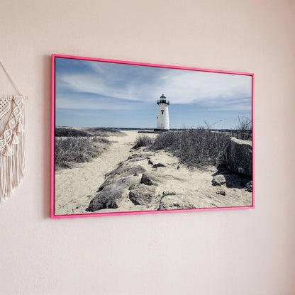 Edgartown Lighthouse Canvas Print, Martha's Vineyard in pink floating frame