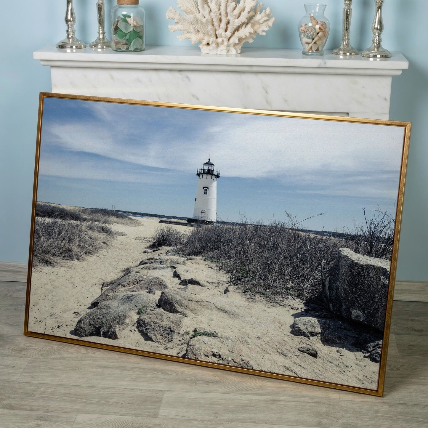 Edgartown Lighthouse Canvas Print, Martha's Vineyard in rose gold floating frame
