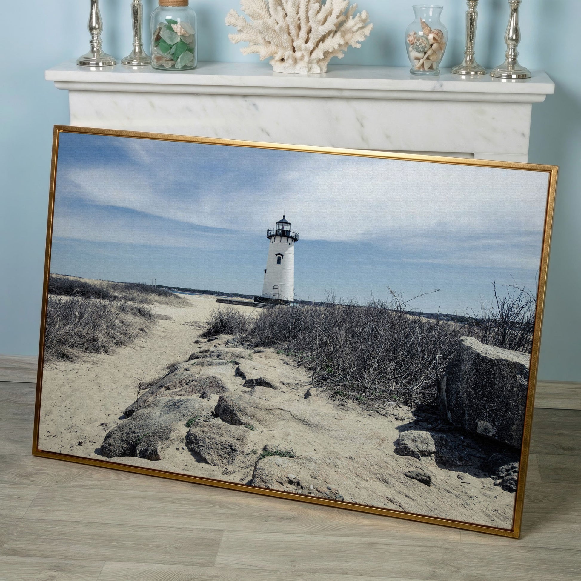 Edgartown Lighthouse Canvas Print, Martha's Vineyard in rose gold floating frame