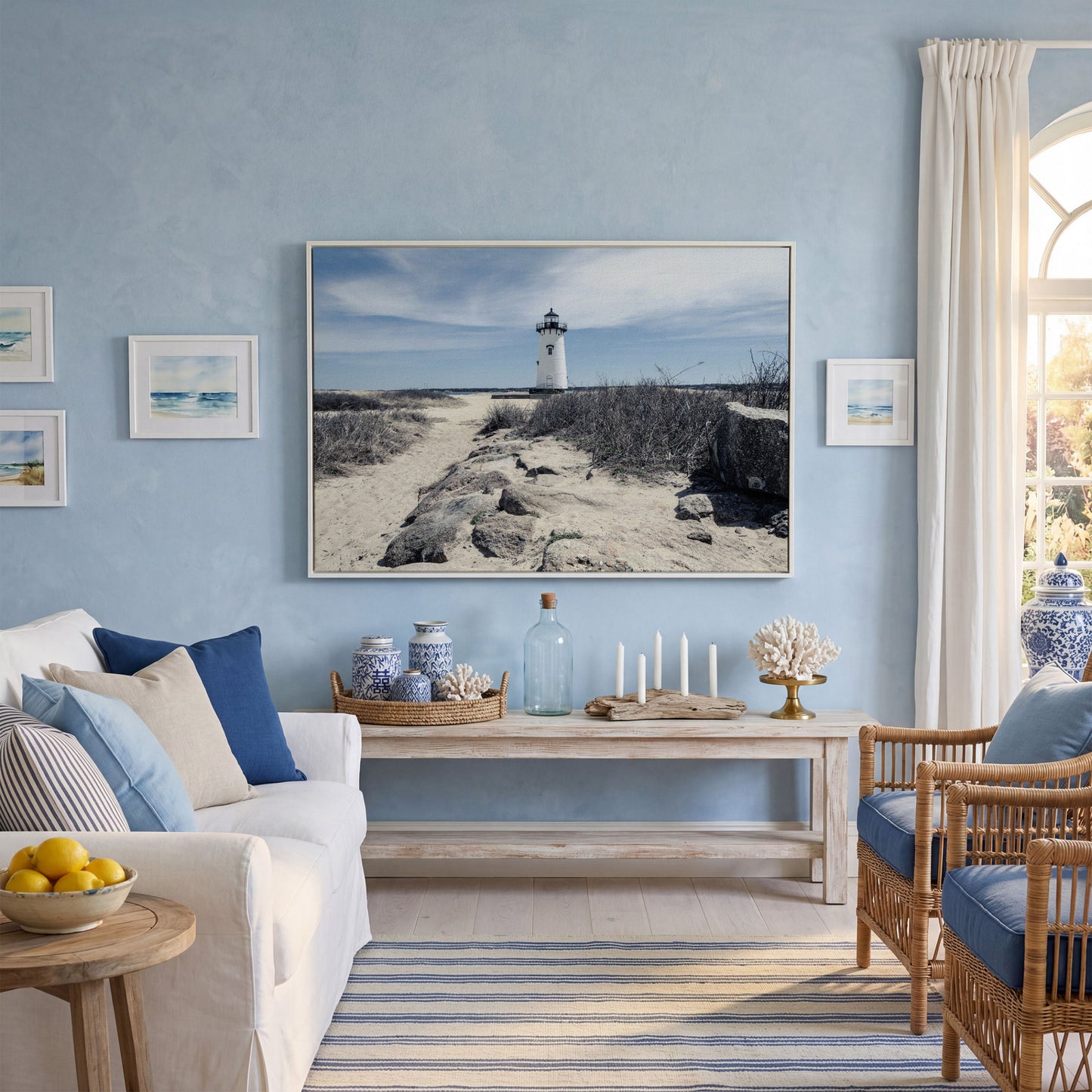 Edgartown Lighthouse Canvas Print, Martha's Vineyard in white floating frame