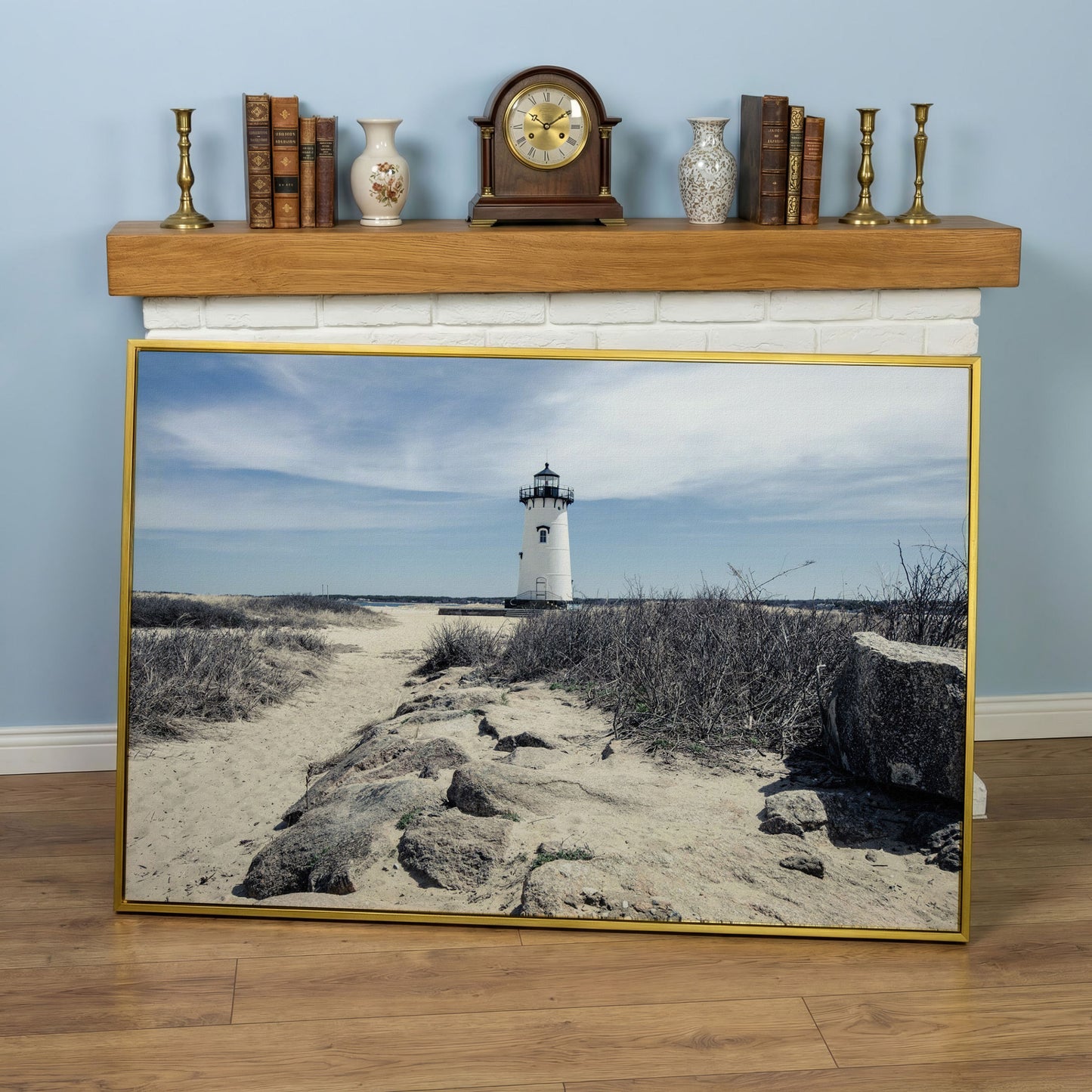 Edgartown Lighthouse Canvas Print, Martha's Vineyard in yellow gold floating frame