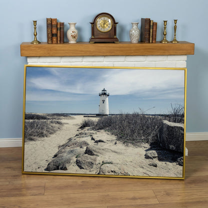 Edgartown Lighthouse Canvas Print, Martha's Vineyard in yellow gold floating frame