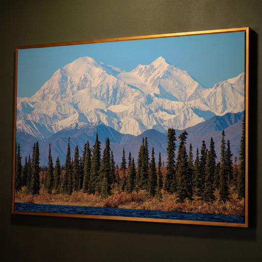 Denali Mountain Landscape Canvas shown in antique gold floating frame