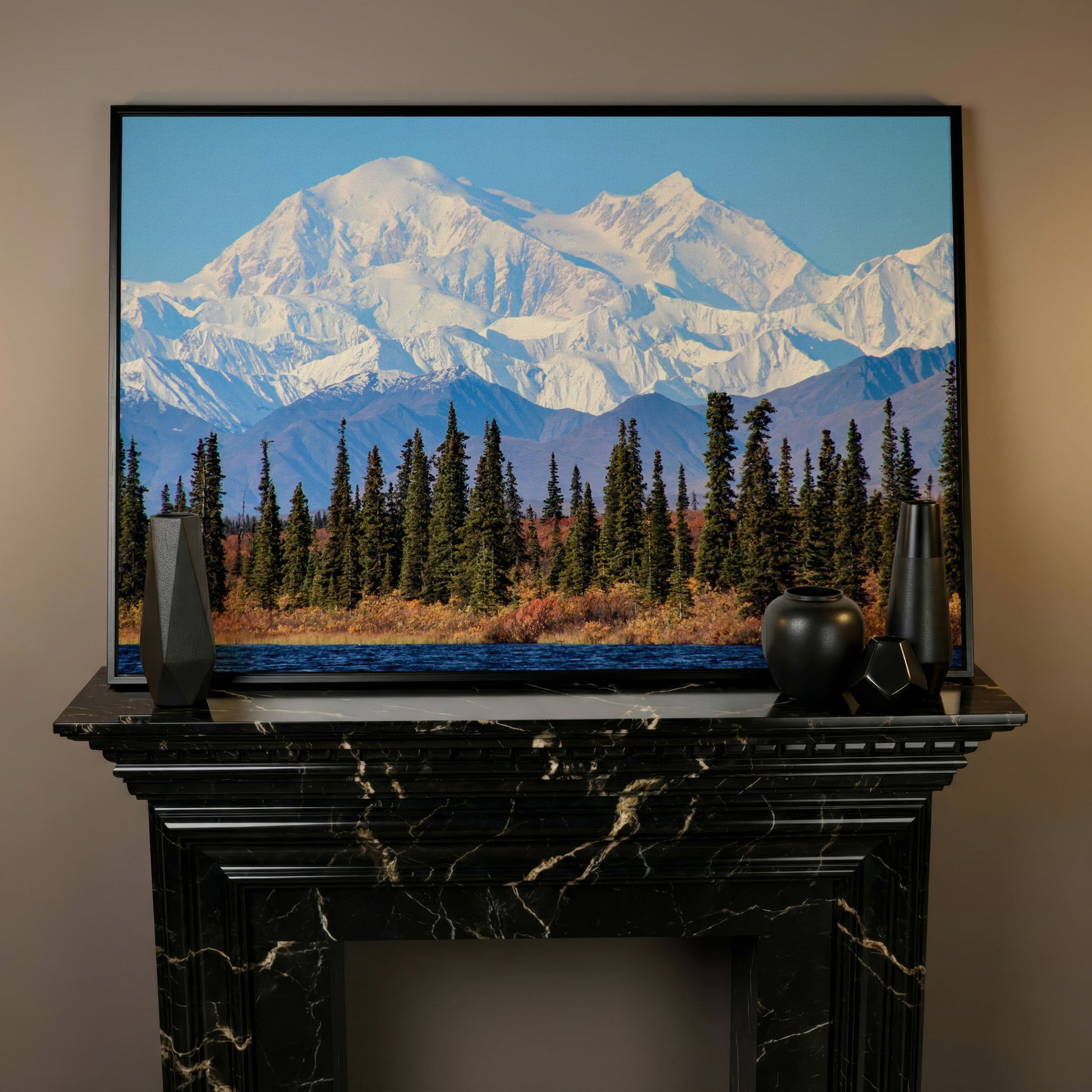 Denali Mountain Landscape Canvas in black floating frame
