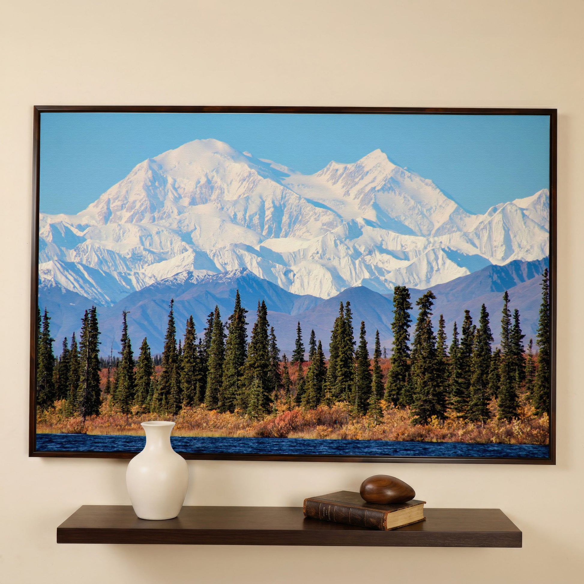 Denali Mountain Landscape Canvas in dark walnut floating frame