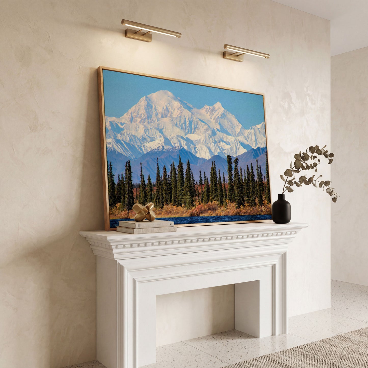 Denali Mountain Landscape Canvas in white oak floating frame