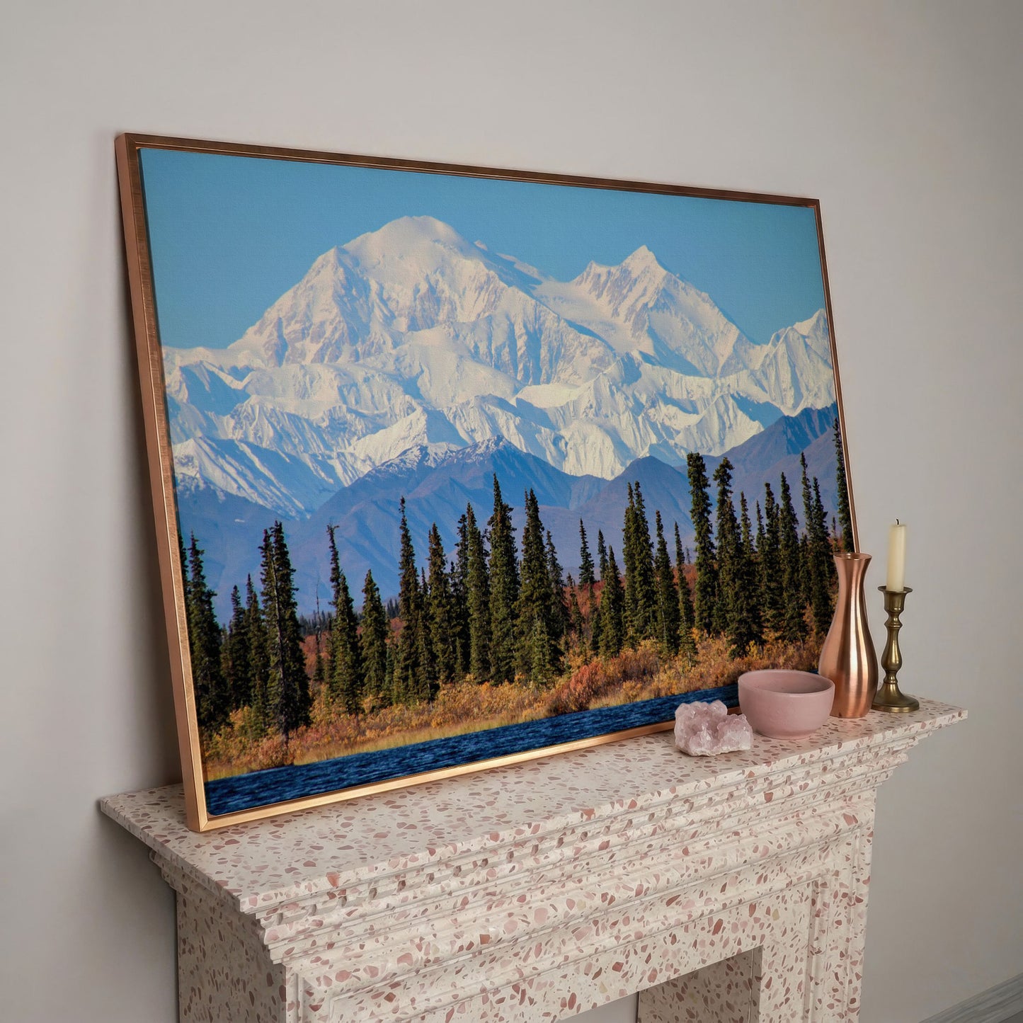 Denali Mountain Landscape Canvas in rose gold floating frame