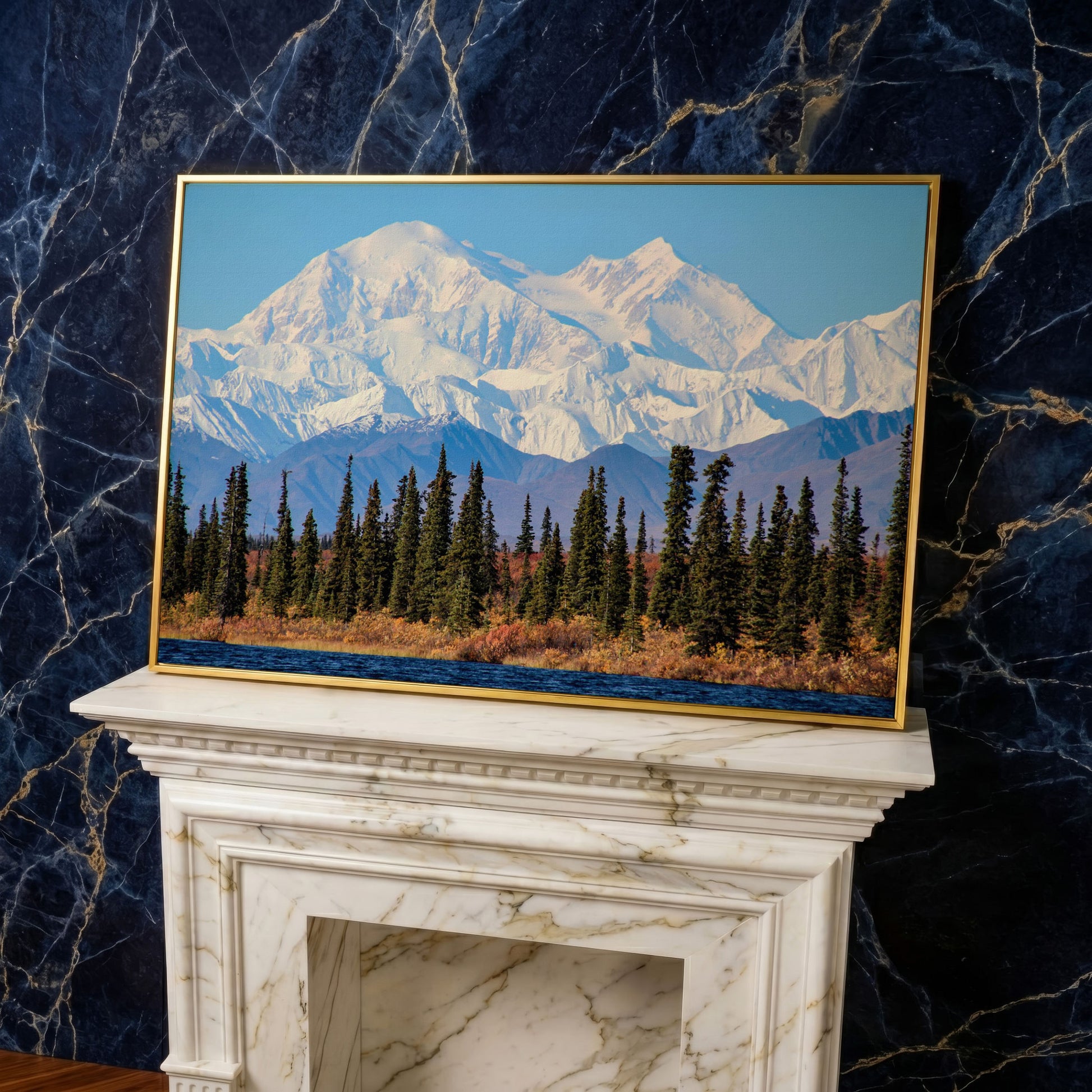 Denali Mountain Landscape Canvas in yellow gold floating frame
