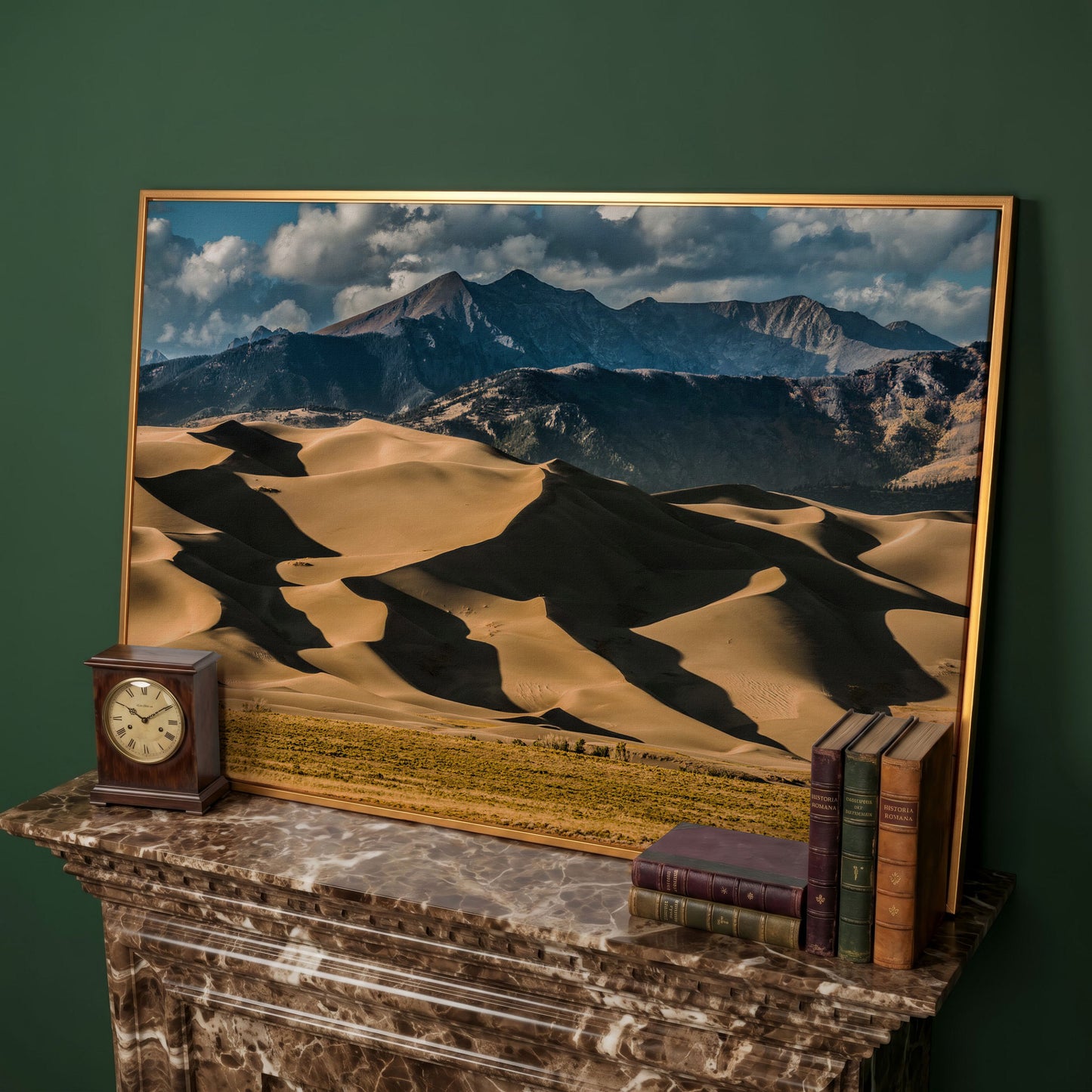 Great Sand Dunes Sunset Canvas Print in antique gold floating frame