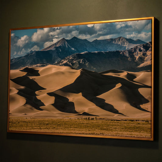 Great Sand Dunes Sunset Canvas Print shown in antique gold floating frame