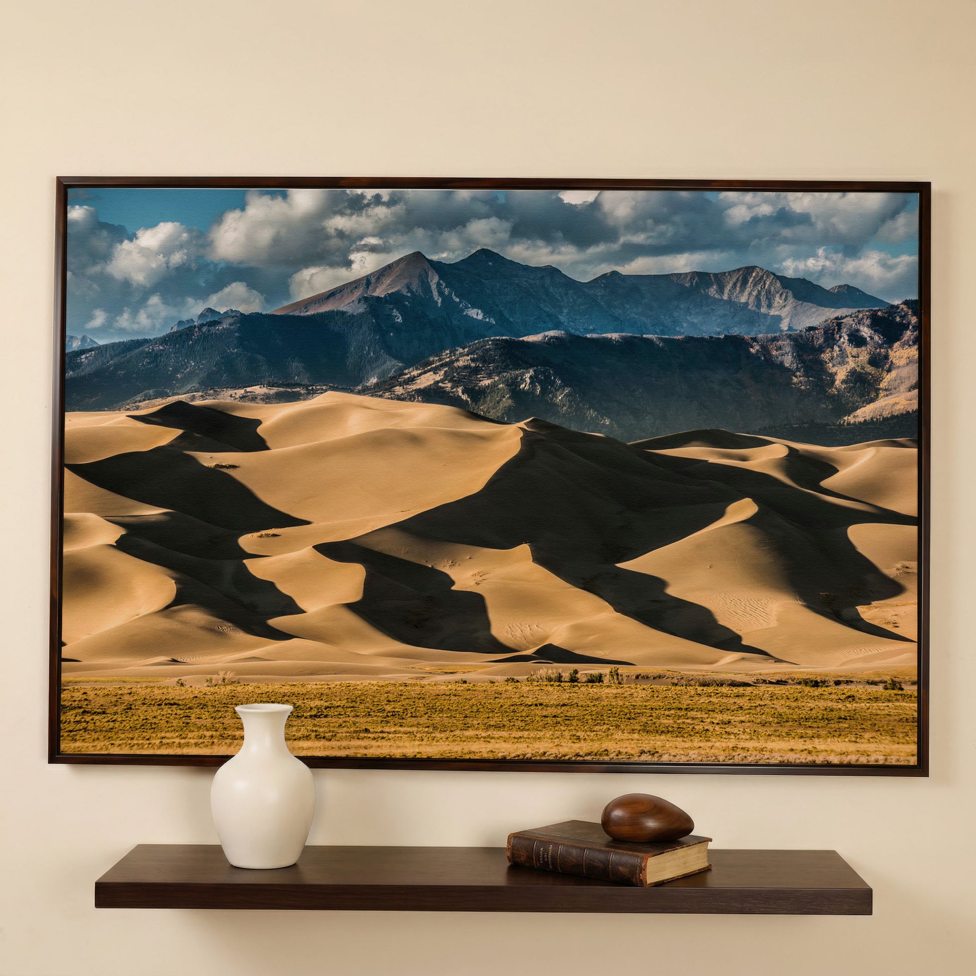 Great Sand Dunes Sunset Canvas Print in dark walnut floating frame