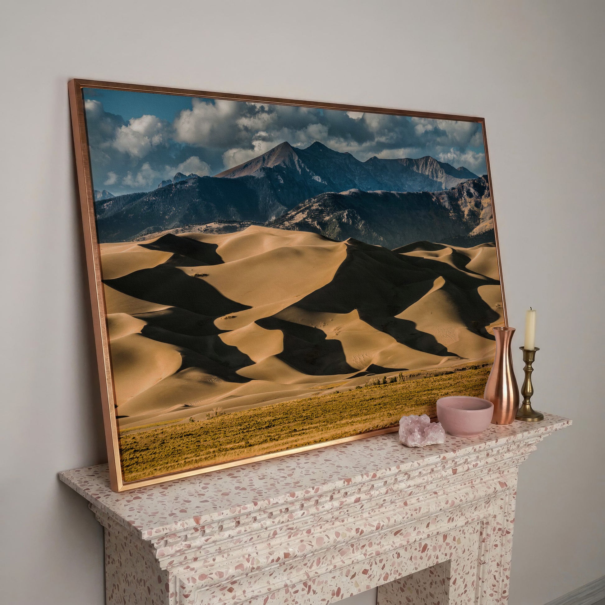 Great Sand Dunes Sunset Canvas Print in rose gold floating frame