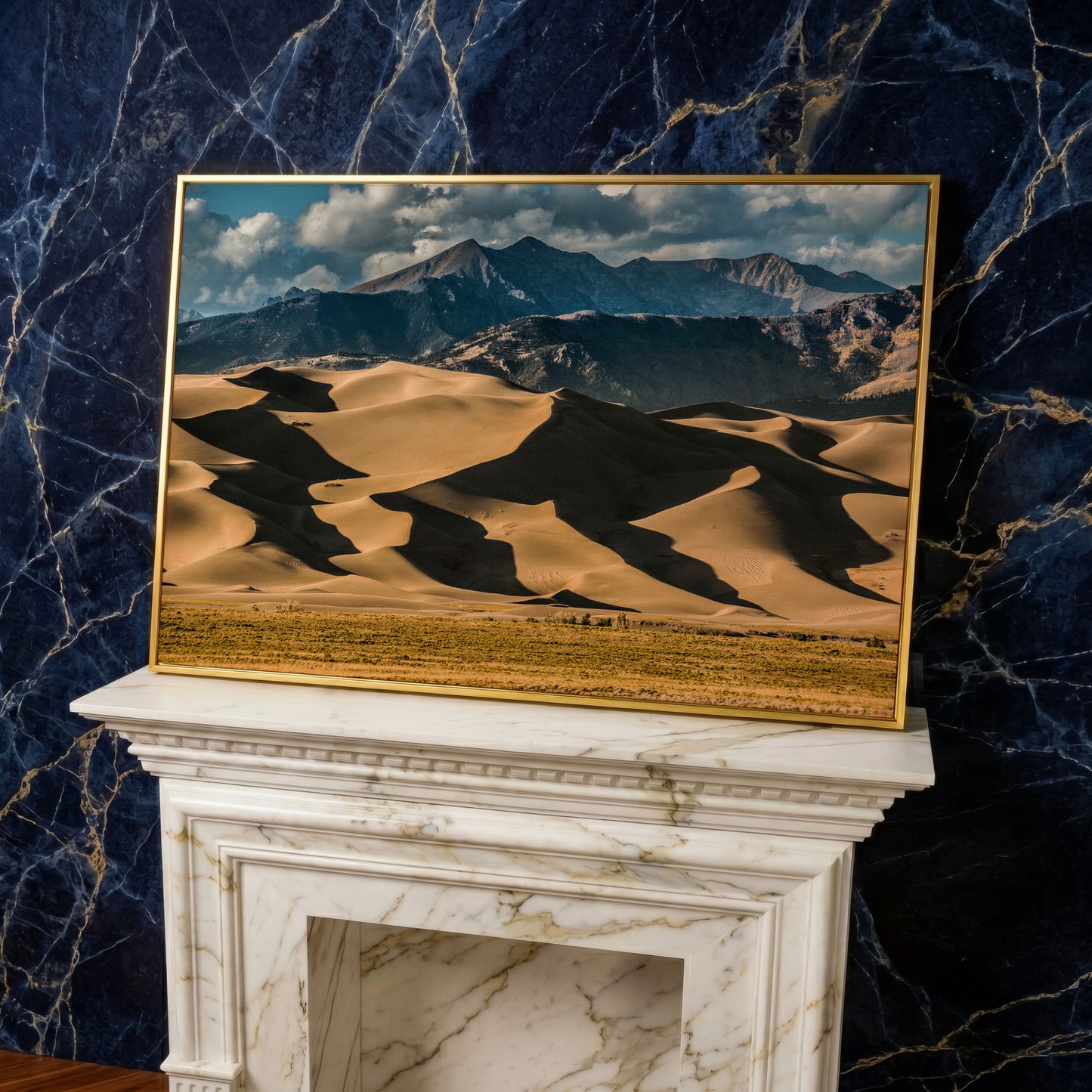 Great Sand Dunes Sunset Canvas Print in yellow gold floating frame