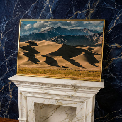 Great Sand Dunes Sunset Canvas Print in yellow gold floating frame