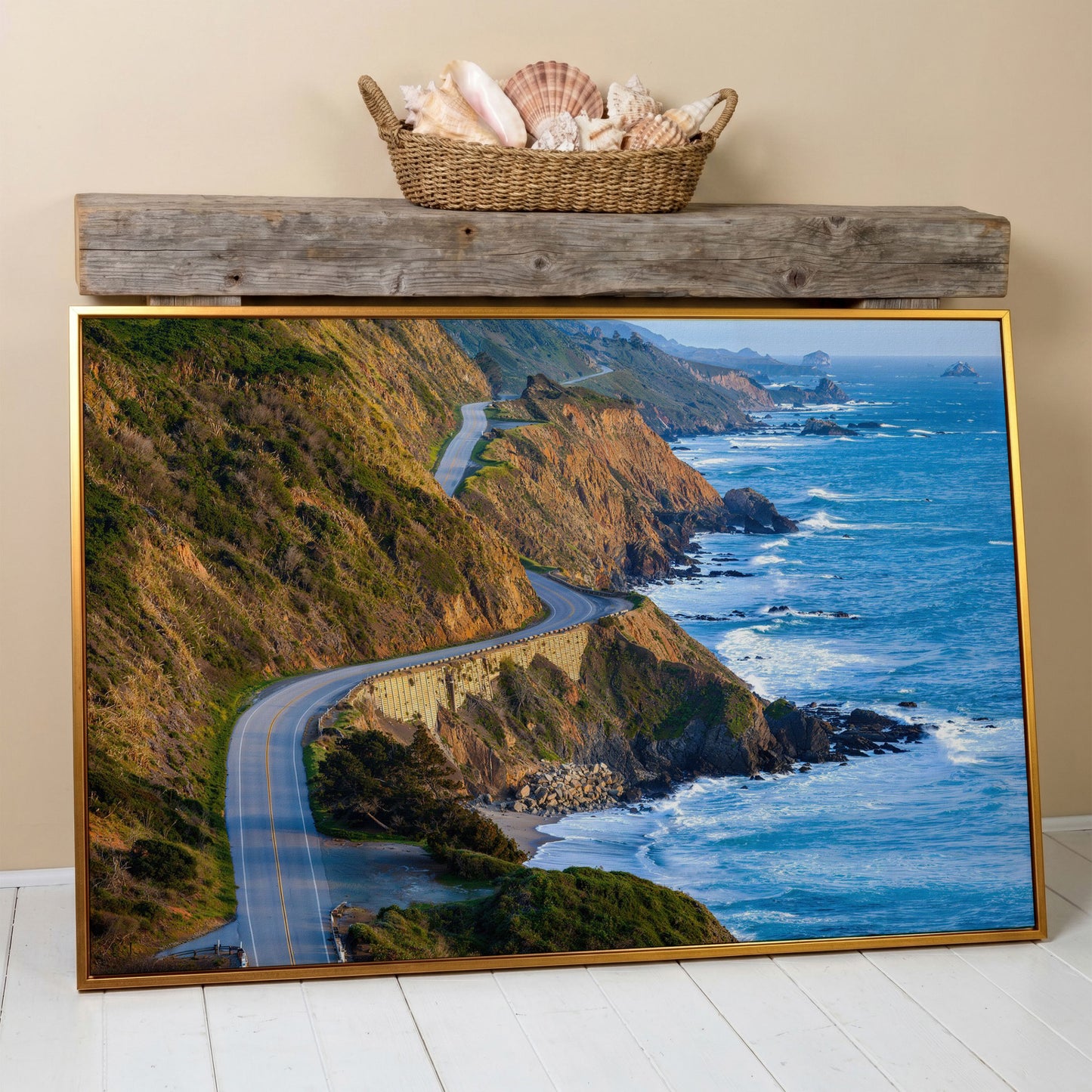 Pacific Coast Highway at Big Sur Canvas Print in antique gold floating frame