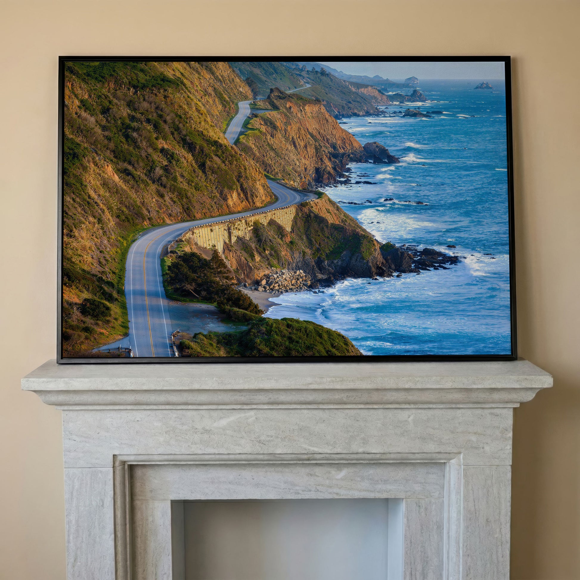 Pacific Coast Highway at Big Sur Canvas Print in black floating frame