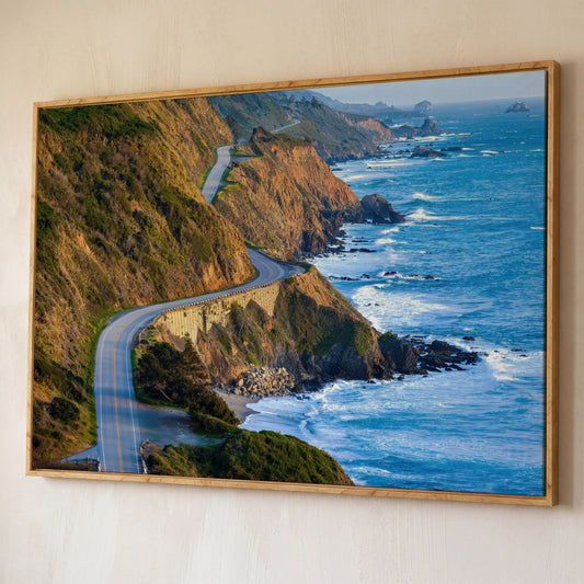 Pacific Coast Highway at Big Sur Canvas Print shown in white oak floating frame