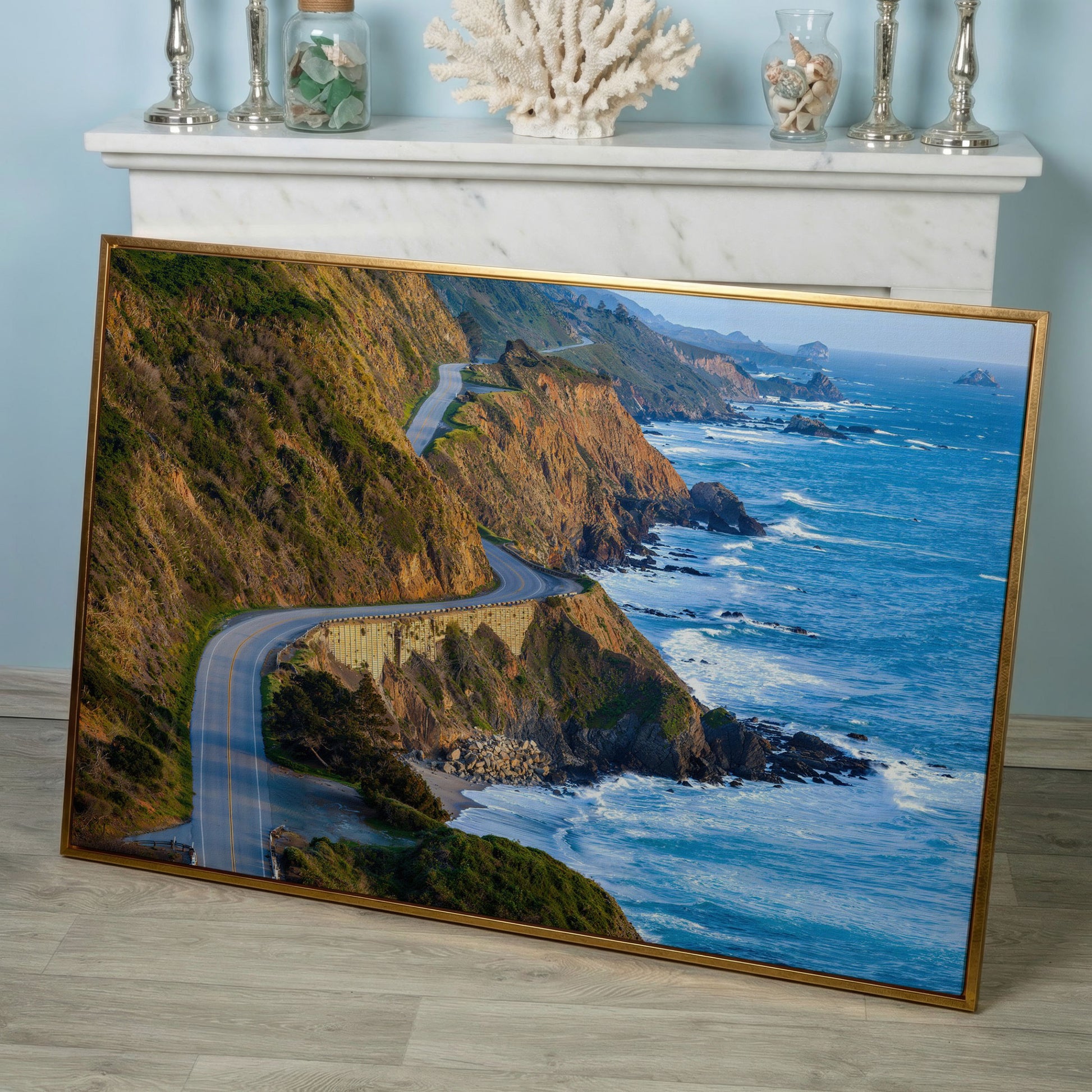 Pacific Coast Highway at Big Sur Canvas Print in rose gold floating frame