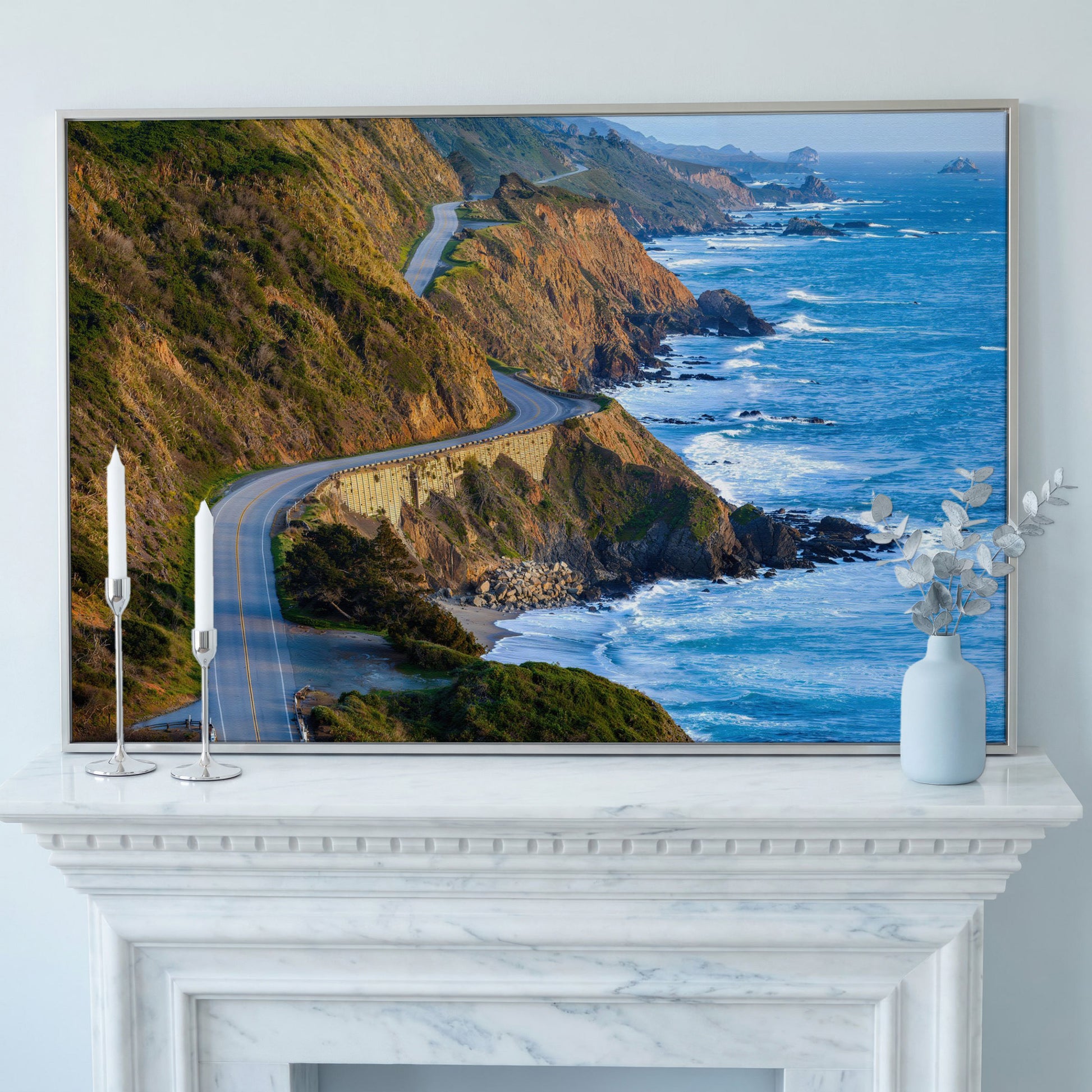 Pacific Coast Highway at Big Sur Canvas Print in silver floating frame