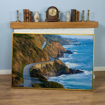 Pacific Coast Highway at Big Sur Canvas Print in yellow gold floating frame