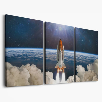 Rocket Launch Canvas Print, Space Shuttle Over Earth as 3-panel split version