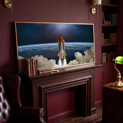 Rocket Launch Canvas Print, Space Shuttle Over Earth in antique gold floating frame