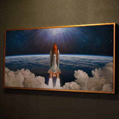 Rocket Launch Canvas Print, Space Shuttle Over Earth shown in antique gold floating frame