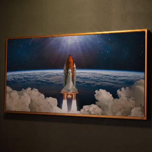 Rocket Launch Canvas Print, Space Shuttle Over Earth shown in antique gold floating frame